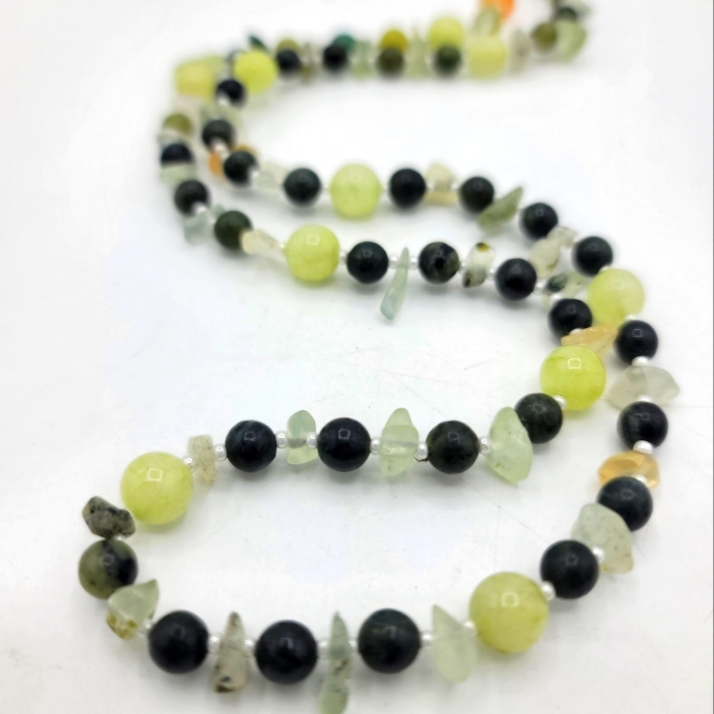 Mixed Gemstone Beaded Necklace  Aventurine, Quartz, Serpentine, Carnelian 24"